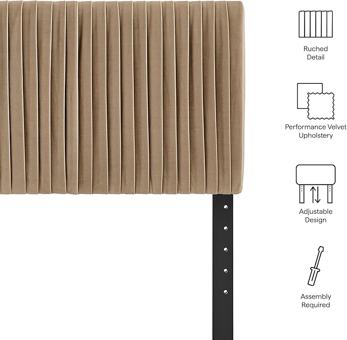 Modway Eloise Twin Velvet Headboard with Ruched Details in Taupe - Modern Bed Headboard Only with Stain-Resistant Performance Upholstery, Height-Adjustable Mount