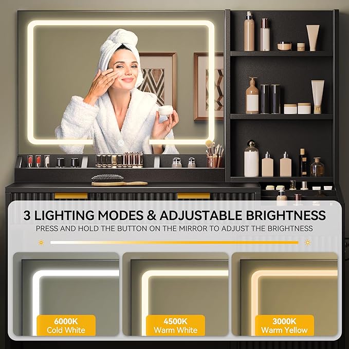 YITAHOME Large Makeup Vanity Desk with Mirror and Lights, Fluted Vanity Table with 2 Drawers & Adjustable Shelves, Makeup Mirror in 3 Modes Lighting, Dressing Table Set w/Charging Station, Black