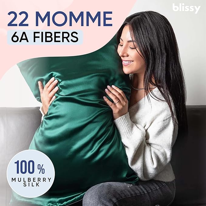 Blissy Silk Pillowcase - 100% Pure Mulberry Silk - 22 Momme 6A High-Grade Fibers - Silk Pillow Cover for Hair & Skin - Regular, Queen & King (Emerald, King)