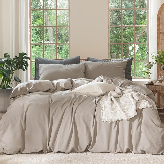 MooMee Bedding Duvet Cover Set 100% Washed Cotton Linen Like Textured Breathable Durable Soft Comfy (Solid Light Tan, Super Queen 90"x98")