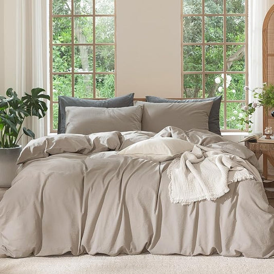 MooMee Bedding Duvet Cover Set 100% Washed Cotton Linen Like Textured Breathable Durable Soft Comfy (Solid Light Tan, Super King 108"x98")