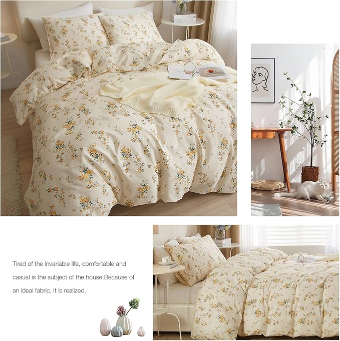 mixinni Aesthetic Floral Duvet Cover Set Twin Size, Farmhouse Boho Yellow Flowers Leaves Cute Bedding Set for Women, 1 Soft Cotton Chic Duver Cover and 2 Pillowcases for All Seasons-Twin Size