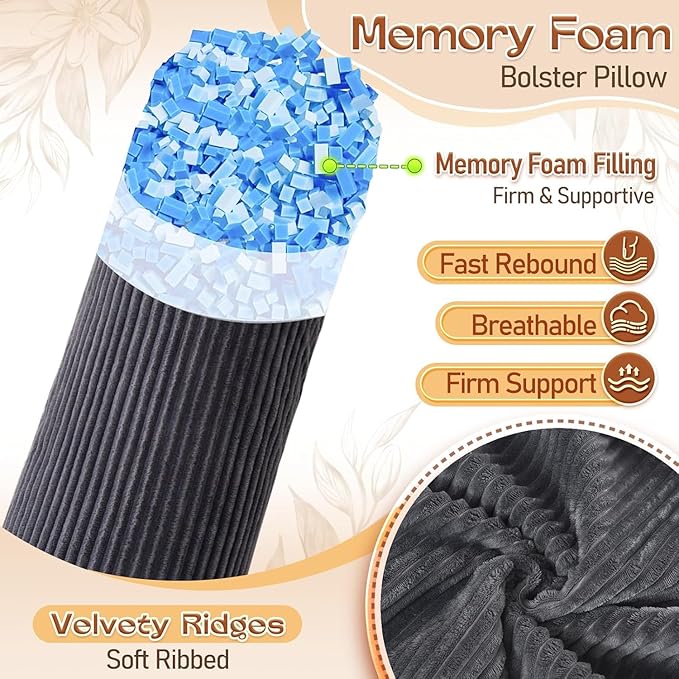 1 MIDDLE ONE Body Pillow, Memory Foam Round Body Pillows for Adults, Firm Long Bolster Pillow for Bed, Cylinder Tube Roll Pillow with Velvet Cover, 47x7.87 Inches (Black (Corduroy))