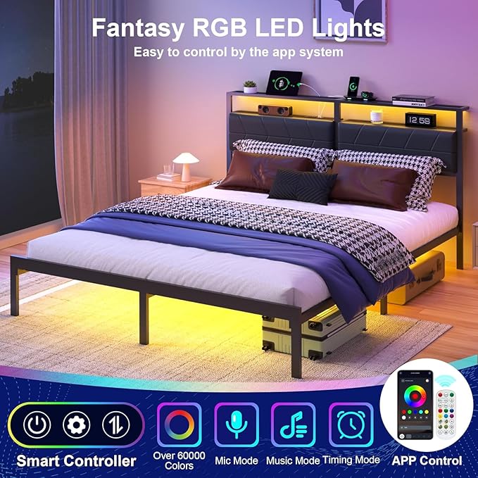 J.Fkne Full Bed Frame with LED Lights & Charging Station, Metal Platform Bed Frame with 2 Tier Storage Headboard, Under Bed Storage, No Box Spring Needed, Noise Free, Easy Assembly