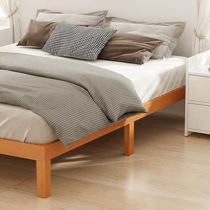 DUMOS King Size Bed Frame, Solid Wood Bed Base with Wood Slat Support, Sturdy, Stylish & Noise-Free Design, No Box Spring Needed, Easy Assembly, 12 in Natural Pine