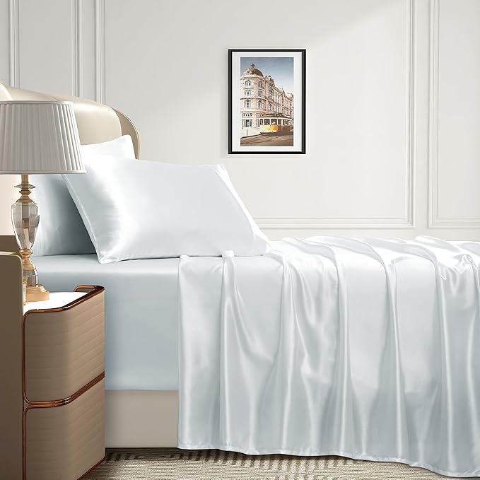 Homiest 4pcs Extra Deep Pocket Satin Sheets Queen Size Bed Set, 18-24 Inch Deep Pocket Bed Sheets White Satin Sheet Set, Silky Satin Bedding Set Luxury Fitted Sheet Set Fits Ultra Deep Mattress