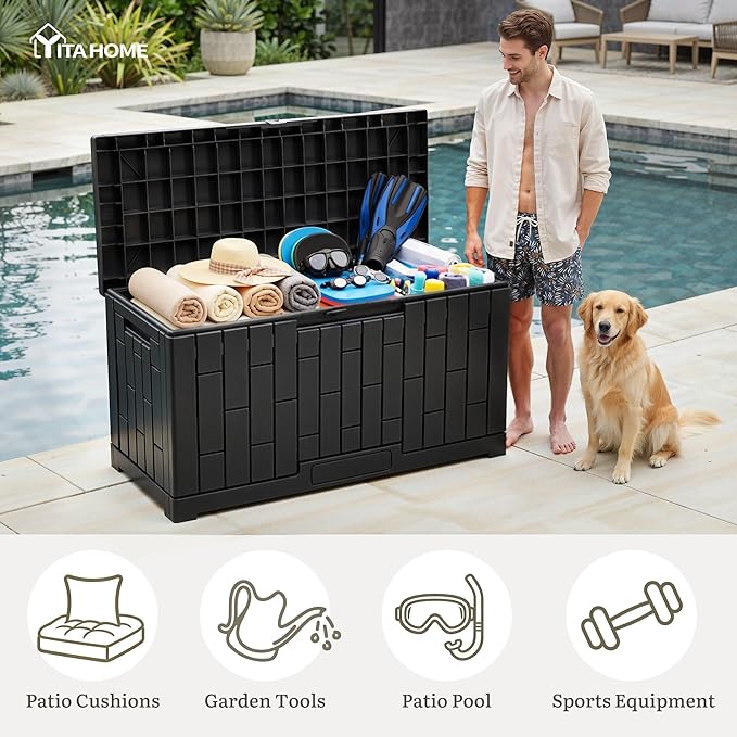 YITAHOME 60 Gallon Outdoor Storage Box, Large Water Resistant Resin Deck Box with Slide-Locking, Indoor Outdoor Bamboo-Textured Storage Container for Patio, Garden, Cushions, Tools, Equipment (Black)