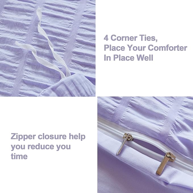 AveLom Lavender Purple Seersucker Duvet Cover Set Full (80 x 90 inches), 3 Pieces (1 Duvet Cover + 2 Pillow Cases), Ultra Soft Washed Microfiber, Textured Duvet Cover with Zipper Closure, Corner Ties