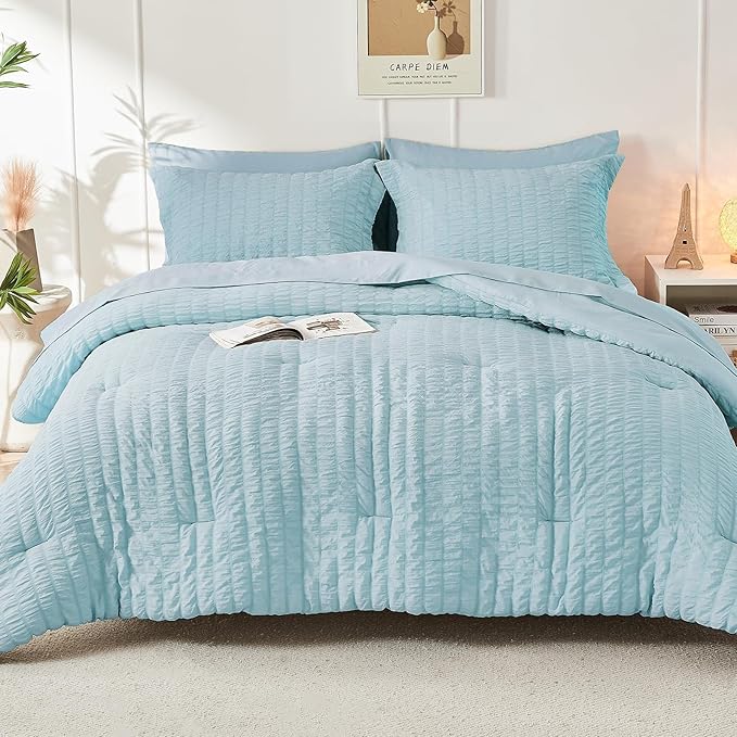 HYMOKEGE Lake Blue King Size Comforter Set Seersucker 7 Pieces, All Season Luxury Bed in a Bag for Bedroom, Bedding Set with Comforters, Sheets, Pillowcases & Shams