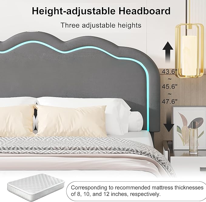 VECELO Upholstered Queen Size Bed Frame with Headboard Adjustable, LED Lights, USB-A & Type-C, Velvet Platform Bed Noise Free, Mattress Foundation with Wooden Slats, No Box Spring Needed, Grey