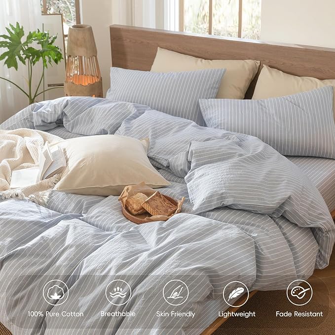 MooMee Striped Duvet Cover Set 100% Washed Cotton Linen Like Textured Breathable Durable Soft Comfy (Cornflower Blue White Wide Stripes, Alaska King 132"x120")