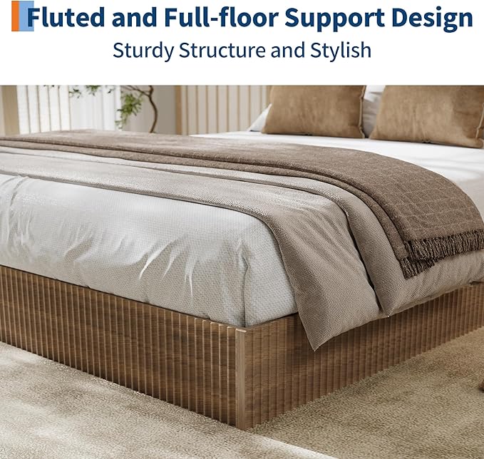 Garvee Twin Bed Frame, Wood Platform Bed with Fluted Design, Low Profile BedFrame, Minimalist Bed Base with Noise-Free, Easy Assembly, No Box Spring Needed, Walnut