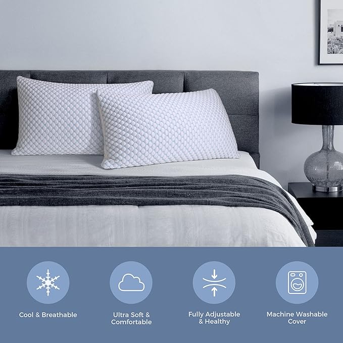OSBED Cooling Adjustable Shredded Memory Foam Pillows Queen Size Set of 4 - Temperature-Regulating for All Sleepers with Dual Airflow Ventilation(CertiPUR-US & Hypoallergenic & Machine Washable)