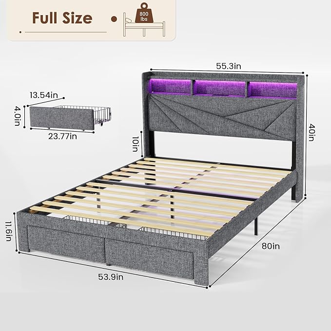 Driftalia LED Full Size Bed Frame with 2 Storage Drawers, Upholstered Full Bed Frame with Headboard and Charging Station, No Box Spring Needed, Easy to Assembly-Light Grey