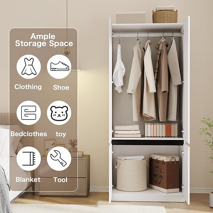 White Armoire Wardrobe Closet: 74" Large Wardrobe Closet with 2 Doors, Wood Closets Cabinet for Hanging Clothes, Freestanding Bedroom Armoires (31.5 in-2 Doors)