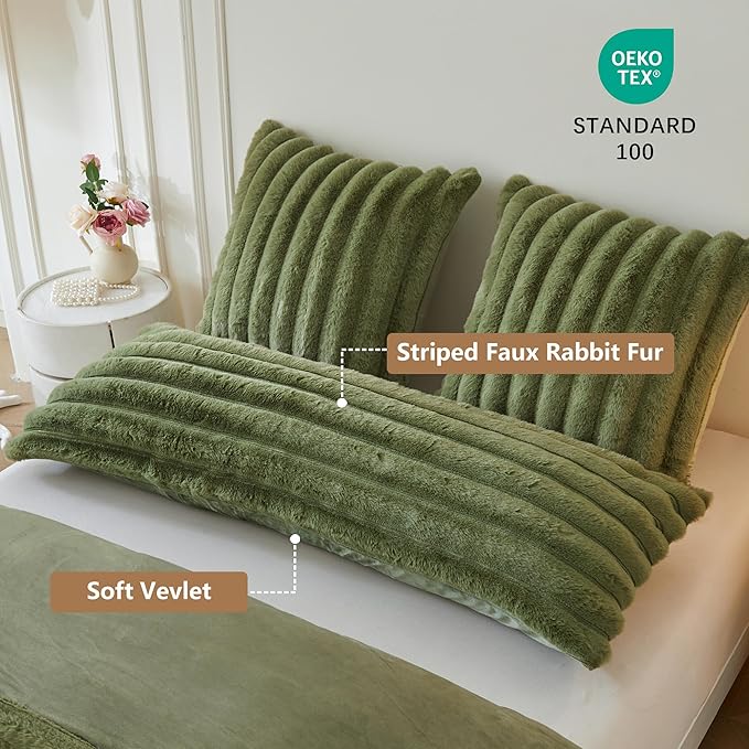MEGO Luxury Faux Rabbit Fur Body Pillow Cover, Soft Fluffy Plush Wide Striped Bedroom Green Body Pillowcase 20x54, Furry Fuzzy Long Bed Pillow Case with Zipper for Adults Girls Teens Kids, Sage Green