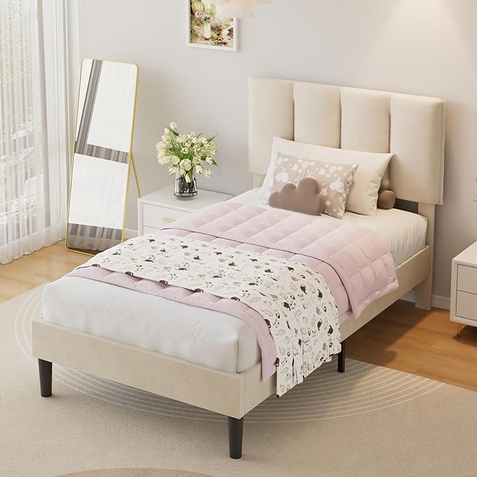 VECELO Twin Size Bed Frame with Upholstered Headboard, Heavy-Duty Bedframe with Wooden Slats & Steel Framework, Easy Assembly, Pale Beige