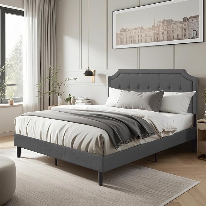 VECELO Queen Upholstered Platform Bed Frame with Adjustable Button Stitched Panel Headboard,Strong Wood Slat Support,Velcro Design,Mattress Foundation/Easy Assembly,Grey