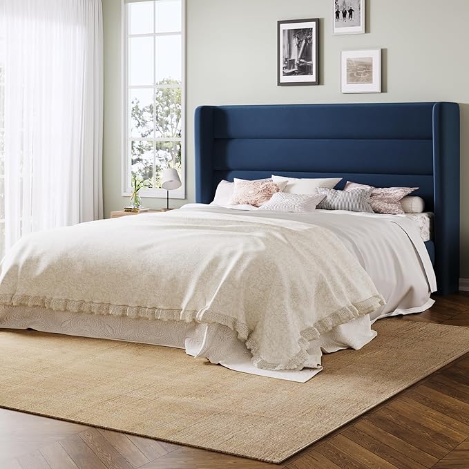 Allewie Full Size Platform Bed Frame with Velvet Upholstered Wingback Headboard, No Box Spring Needed, Under Bed Storage Space, Wooden Slats, Modern Mattress Foundation, Easy Assembly, Blue