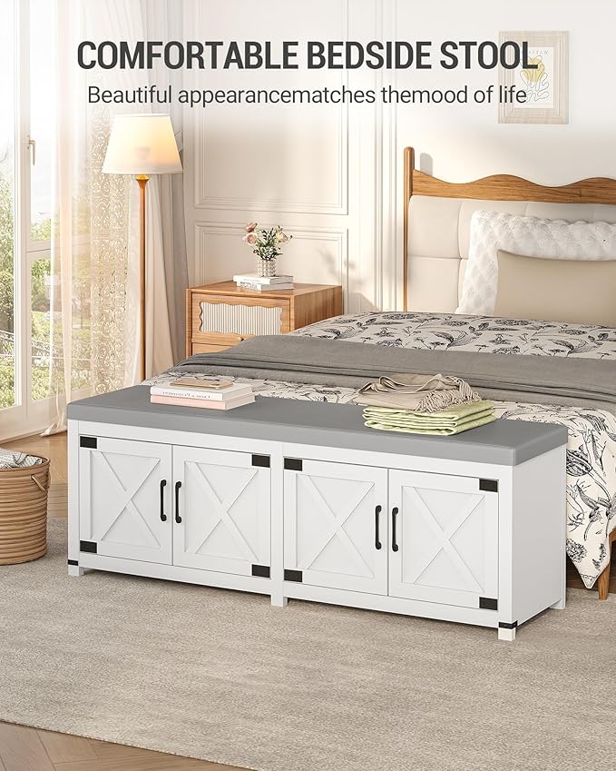 Hzuaneri Shoe Storage Bench, 2 Tier Shoe Bench with Padded Seat Cushion & 4 Barn Doors, 59" Entryway Bench with Adjustable Shelf, Farmhouse Shoe Cabinet for Living Room, Bedroom, White SB31503GY