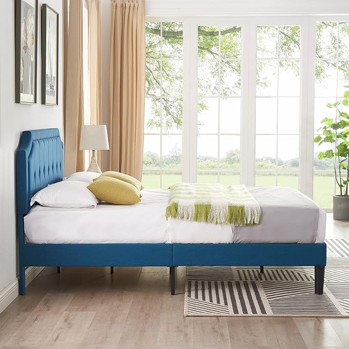 VECELO Full Size Platform Bed Frame with Fabric Upholstered Headboard and Wooden Slats Support, No Box Spring Needed/Easy Assembly,Blue
