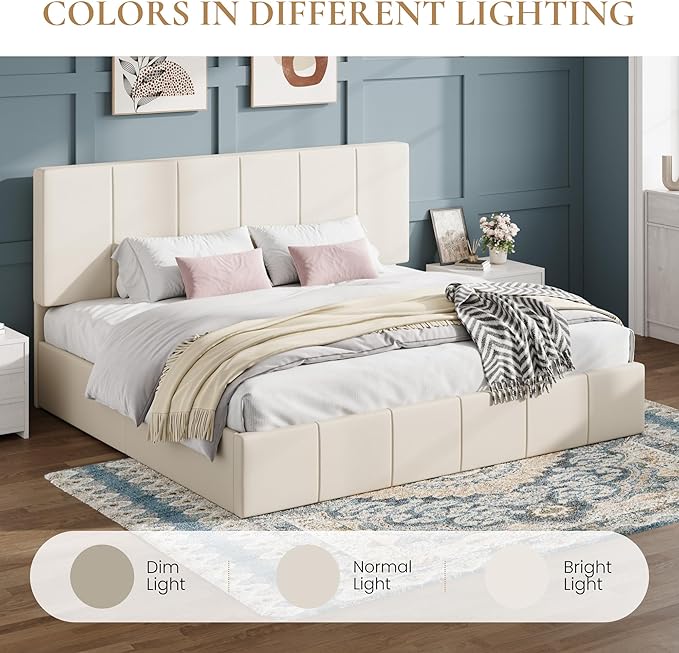 SHA CERLIN King Size Bed Frame, Dutch Velvet Upholstered Platform Bed, Vertical Channel Tufted Adjustable Headboard, Low Profile Bed Frame, No Box Spring Needed, Easy Assembly, Cream