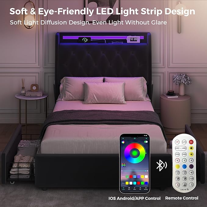 Twin LED Velvet Bed Frame with 2 Storage Drawers&Hidden Headboard, Upholstered Platform Bed with Charging Station&Button Tufted Design, Wooden Slats Support, Box Spring Optional, Easy Assembly, Black