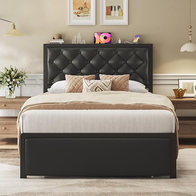 Fluest Twin Bed Frame with Storage Drawer, Upholstered Headboard Button Tufted Bed Frame with Charging Station, No Box Spring Needed, Noise-Free, All Metal Structure, Black