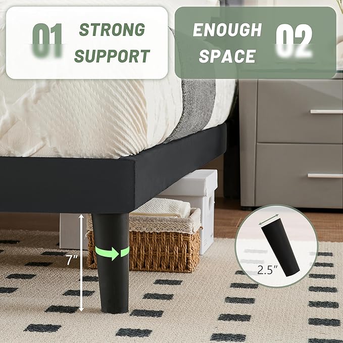 Full Bed Frame with Headboard, Bed Frame Full Size with Sturdy Wooden Slats Support, Platform Bed Frame with Velvet Upholstered Headboard, Mattress Foundation, Easy Assembly, No Box Spring Needed