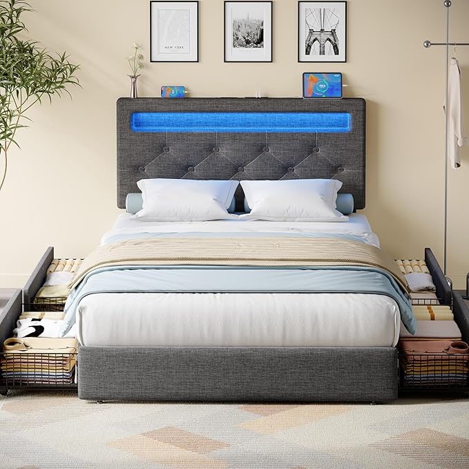 Rolanstar Twin Bed Frame with 4 Storage Drawers and Charging Station,Twin Bed with Led Lights, 2 USB & 1 Type C, Adjustable Headboard 38.9/40.8 Inches, No Box Spring Needed, Grey