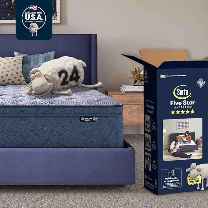 Serta Five Star Mattress Tranquility 16-Inch Plush Pillow Top – Twin XL – Zoned Support, Pressure Relief, Cooling Comfort – Made in USA – Bed-in-a-Box – 100 Night Trial, 10-Year Limited Warranty