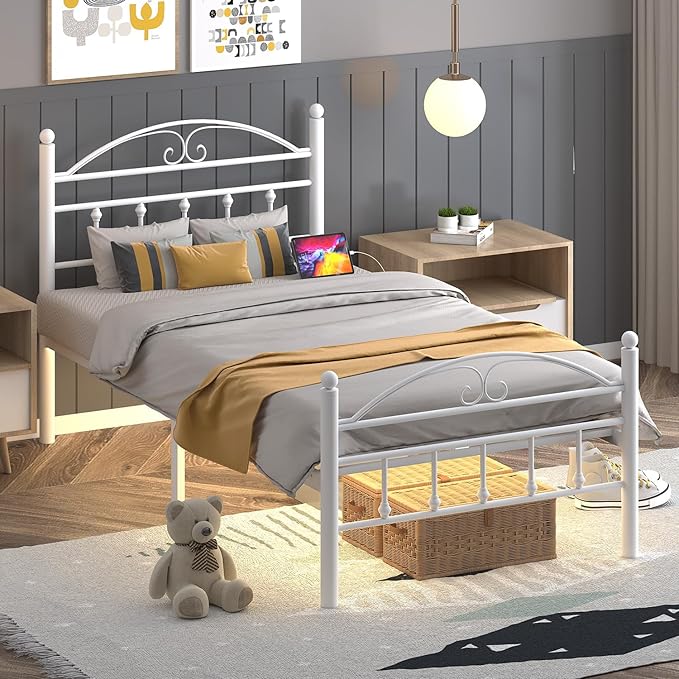 12 Inch Twin Size Bed Frames with Charging Station,White Metal Platform Bed Frame with LED Lights,Heavy Duty Metal Steel Slats Support,No Box Spring Needed,Noise Free,Easy to Assemble