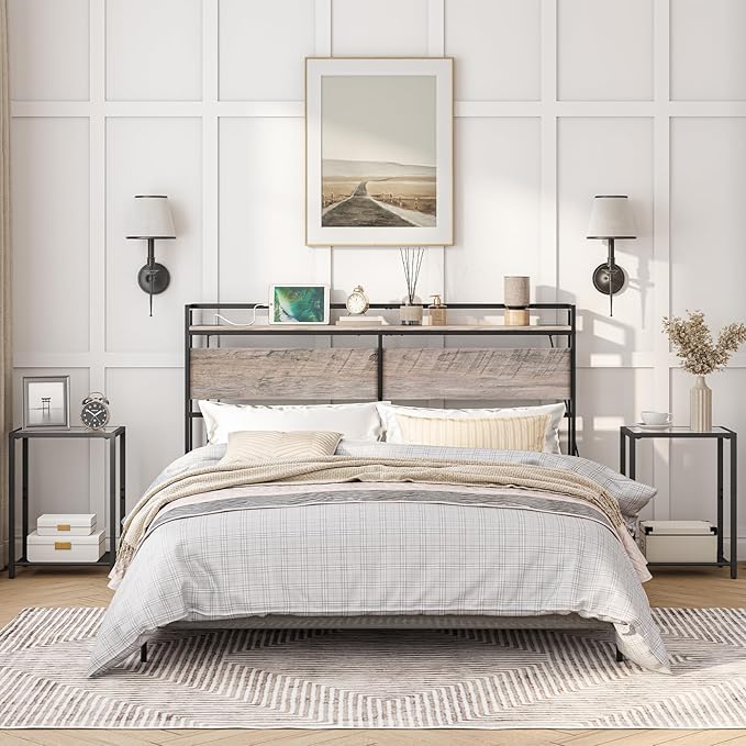 HOOBRO Full Size Headboard, Headboard with 2 Outlets and 4 USB Ports, Adjustable Height, Storage Rack, Sturdy and Stable, Easy Assembly, Greige and Black