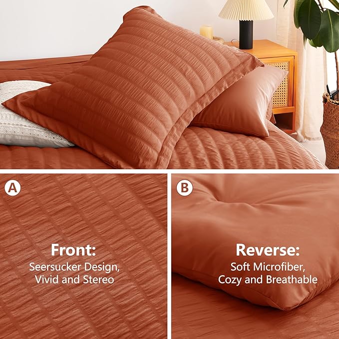 CozyLux Full Size Comforter Sets with Sheets 7 Pieces, Burnt Orange Seersucker Bed in a Bag Textured Luxury Soft Bedding Sets with Down Alternative Comforter, Sheets, Pillowcases & Shams, Terracotta