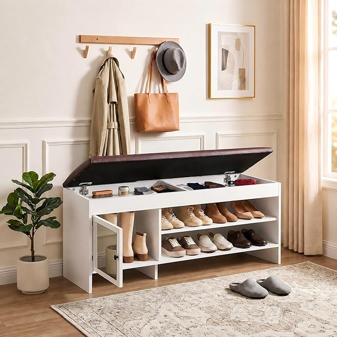 Shoe Bench with Storage - Lift Top Entryway Bench with Hidden Storage, Bench with Adjustable Shelves and Cushioned Seat, Wood Storage Bench for Entryway Mudroom, Bedroom End of Bed, Hallway,40.5in