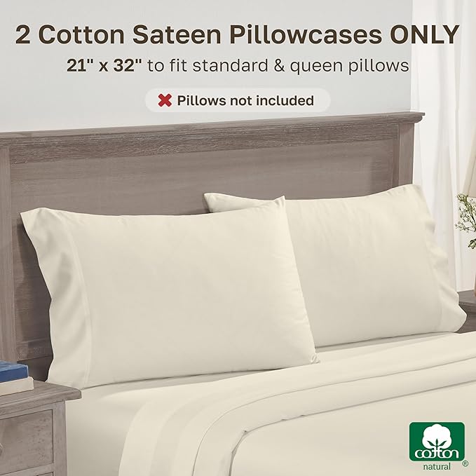 Luxuriously Soft Premium 600 Thread Count, 100% Cotton Set of 2 Cases, Crisp Pillowcases Queen Size Set of 2 Fits Standard & Queen Pillows - Cream (Warm Ivory)