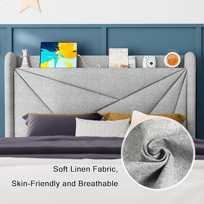 Feonase Twin Size Bed Frame with Charging Station, Upholstered Linen Bedframe with Wingback Headboard, Solid Wood Slats Support, No Box Spring Needed, Noise Free, Beige