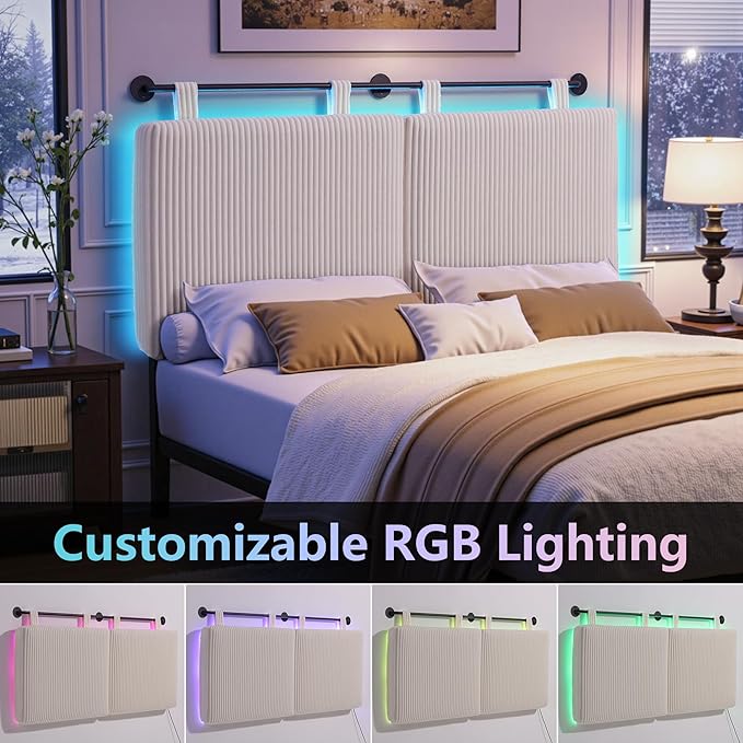 Headboard Queen Size，Modern Wall Mounted Headboards with LED Light for Bed with Upholstery Hanging Headboard for Bedroom,Featuring High-Density Sponge Padding，White