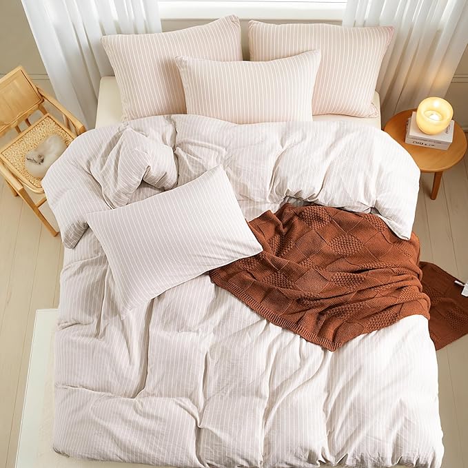 NEXHOME PRO Striped Duvet Cover Super King,100% Washed Cotton Bedding Set,Textured Linen Feel,Breathable,Organic,3 Piece(White Stripes 108x98)