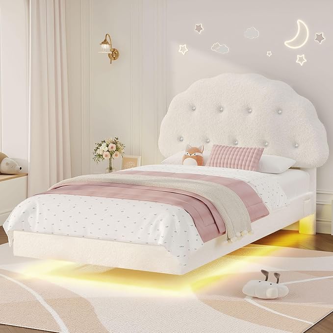Cookie Full Upholstered Bed Frame with LED Lights, Floating Bed Frames with Adjustable Headboard and Raised Footboard for Princess/Prince Bedroom, Teddy Velvet（White）