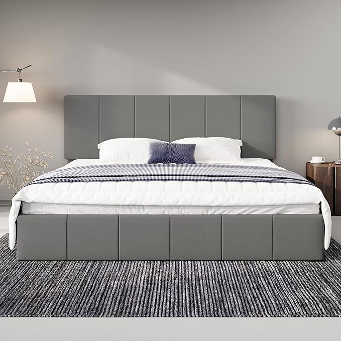 Allewie King Size Dutch Velvet Upholstered Platform Bed Frame/Vertical Channel Tufted Adjustable Headboard/Low Profile Bed Frame/No Box Spring Needed/Easy Assembly/Grey