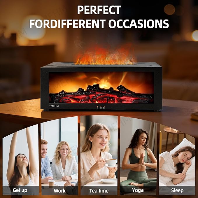 TMEHM Fireplace Flame Air Diffuser Humidifier,7 Colors Aromatherapy Essential Oil Diffuser,Ultrasonic Aroma Humidifier with Timer for Home,Bedroom,Office,Yoga (Black, L)