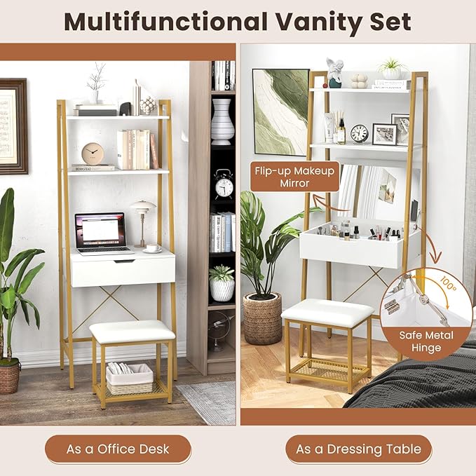 COSTWAY Vanity Desk Set with Flip-up Mirror, Ladder Vanity Table and Cushioned Stool Set w/ 4 Storage Compartments, Small Makeup Vanity Dressing Table for Small Spaces, Bedroom (White + Gold)