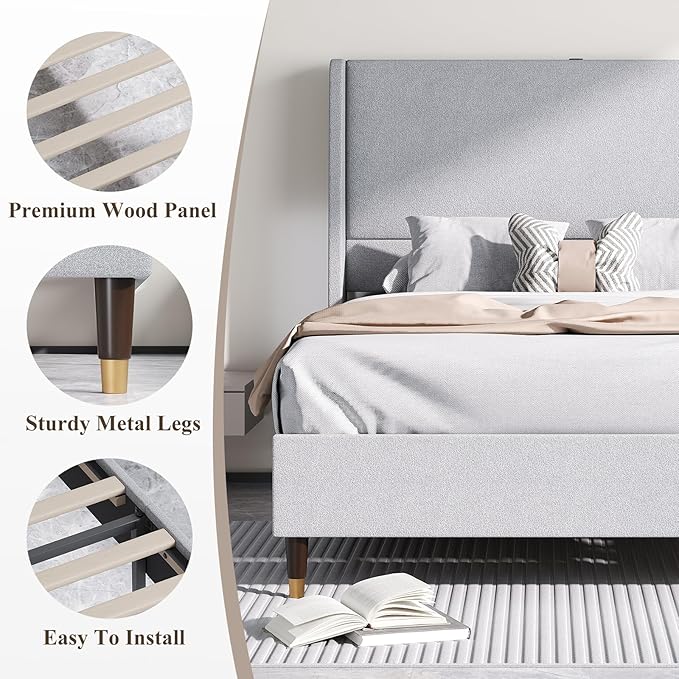 MALOL Queen Size Bed Frame with Upholstered Headboard, Linen Fabric Platform Bed Frame with USB Charging Ports, No Box Spring Needed, Sturdy Metal Support, Noise Free, Modern Bedroom Furniture,Grey