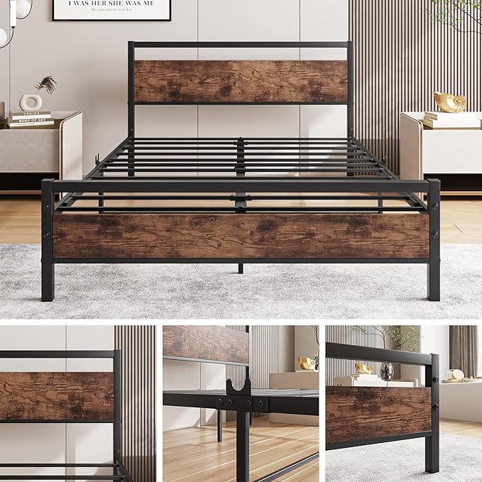 HOJINLINERO Full Size Bed Frame with Headboard, Heavy Duty Platform Bed Frame Full Reinforced Steel Square Tube Platform Strong Slats Support/No Box Spring Needed,Black and Rustic Brown