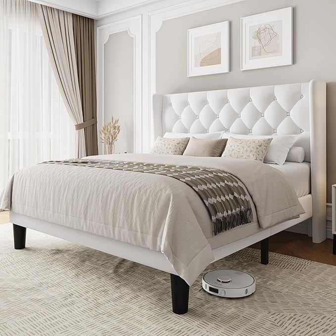 Einhomn Full Size Platform Bed Frame with Velvet Upholstered Wingback Headboard, 11" Under Bed Space, Wooden & Metal Slats Support, No Box Spring Needed, White