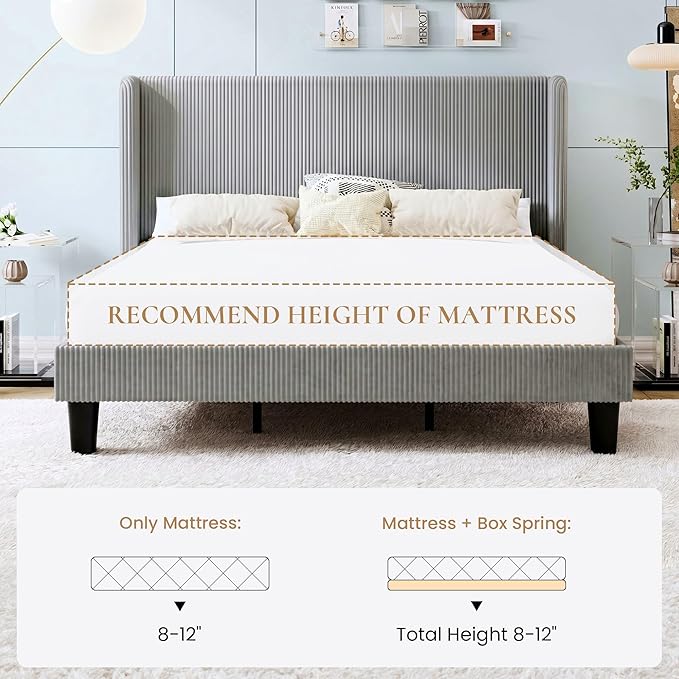 SHA CERLIN King Size Corduroy Upholstered Platform Bed Frame with Vertical Channel Tufted Wingback Headboard, 8" Under Bed Storage, Wooden Slats & Metal Frame Support, Easy Assembly, Light Grey