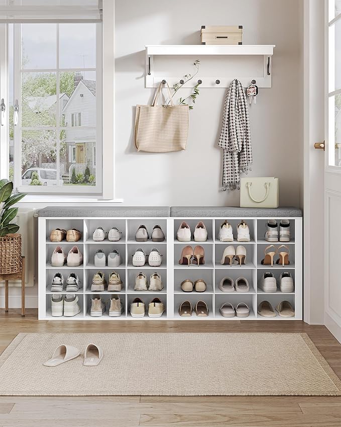 Hzuaneri Shoe Storage Bench with Cushion, Entryway Storage Bench with 24 Cubbies, 9.5" Widened Organizer Cabinet, Long Cubby Rack for Living Room, Bedroom, Entryway, White SB32403GY