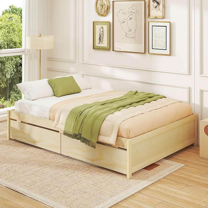 Giantex Full Size Bed Frame with 2 Storage Drawers, Solid Wood Platform Bed with Slats Support, Heavy Duty Daybed with Storage, No Box Spring Needed, Full Bed Frames for Teens Adults, Natural