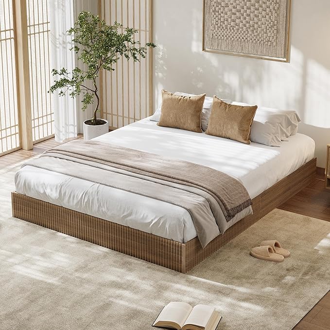 Garvee California King Bed Frame, Wood Platform Bed with Fluted Design, Low Profile BedFrame, Minimalist Bed Base with Noise-Free, Easy Assembly, No Box Spring Needed, Walnut